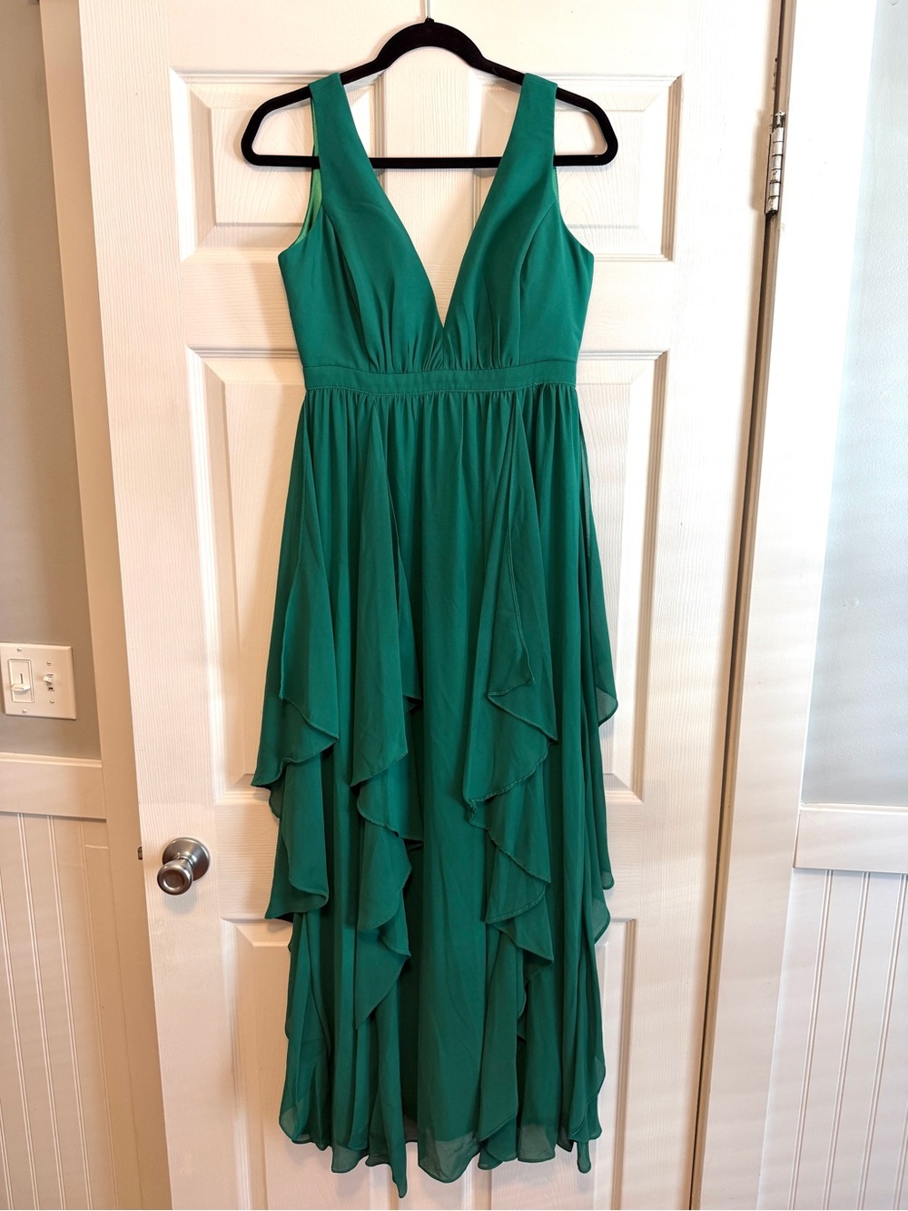 Minuet Green V-Neck Ruffled Chiffon Dress